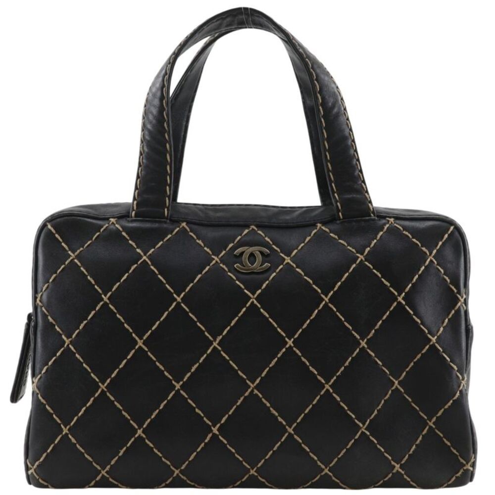 Chanel Surpique Boston Quilted Leather Black Leather Handbag
